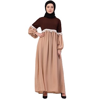 Duel colored abaya with lace work-Brown-skin